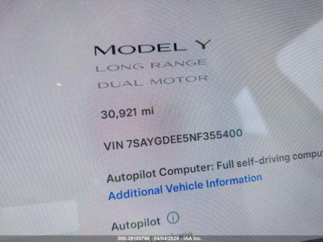 7SAYGDEE5NF355400 Tesla Model Y Long Range Dual Motor All-wheel Drive