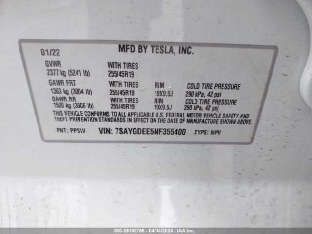 7SAYGDEE5NF355400 Tesla Model Y Long Range Dual Motor All-wheel Drive