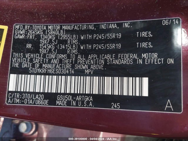 5TDYKRFH6ES030414 Toyota Highlander Limited V6