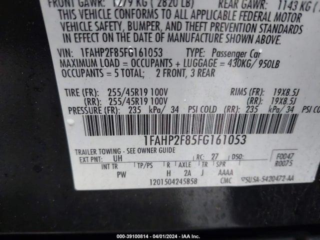 Ford Taurus Limited 2015 1FAHP2F85FG161053 Image 9