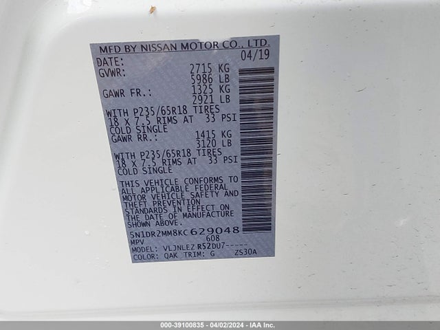 Nissan Pathfinder Sv 2019 5N1DR2MM8KC629048 Image 9