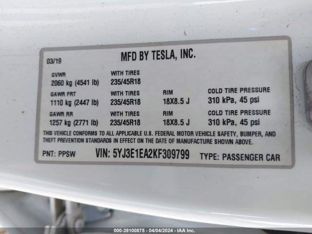 Tesla Model 3 Long Range/mid Range/standard Range/standard Range Plus 2019 5YJ3E1EA2KF309799 Image 9