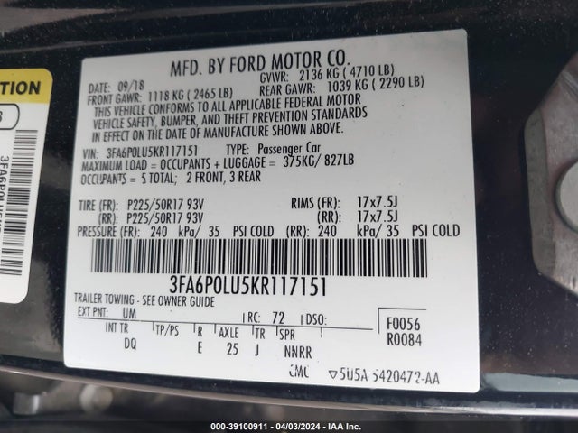 Ford Fusion Hybrid Se 2019 3FA6P0LU5KR117151 Image 9