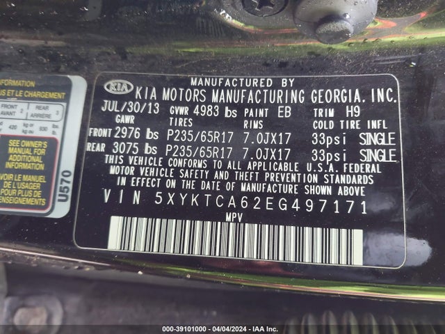 KIA SORENTO LX 2014 5XYKTCA62EG497171 Image 9