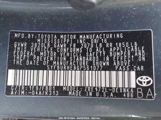 Toyota COROLLA LE 2016 5YFBURHE8GP561077 Image 9