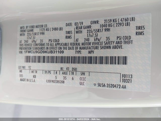 Ford ESCAPE SE 2019 1FMCU9GD9KUB31109 Image 9