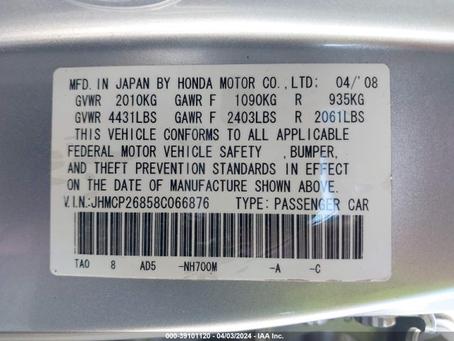 Aukcja sprzedaży 2008 Honda Accord 2.4 Ex-l, vin: JHMCP26858C066876, numer aukcji: 39101120