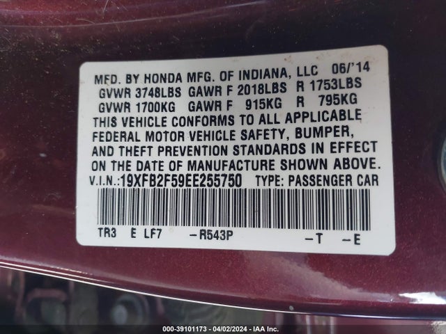 Honda Civic Lx 2014 19XFB2F59EE255750 Image 9