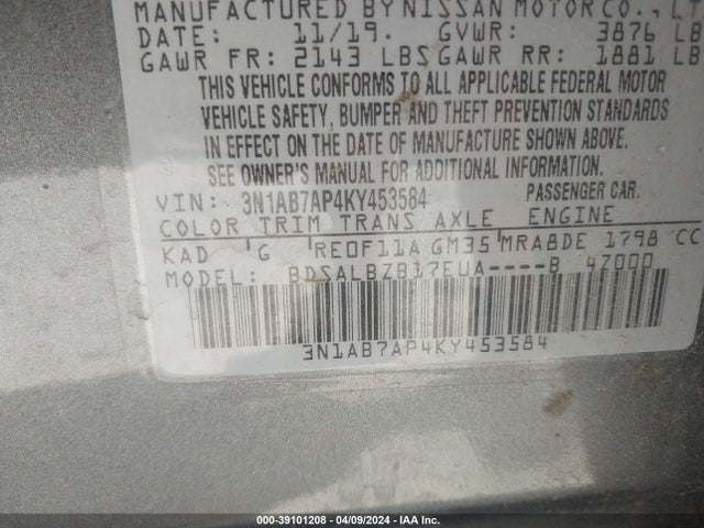 Nissan SENTRA S 2019 3N1AB7AP4KY453584 Image 9
