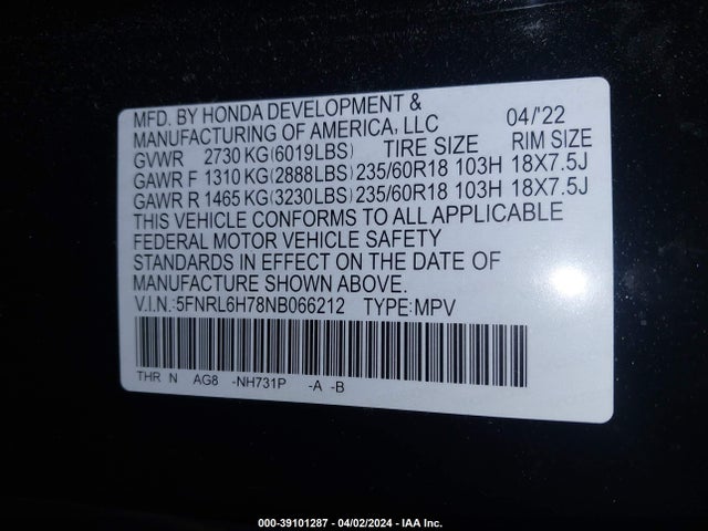 Honda Odyssey Ex-l 2022 5FNRL6H78NB066212 Image 9