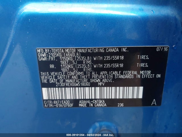 Toyota Rav4 Limited 2016 2T3DFREV0GW518060 Image 9