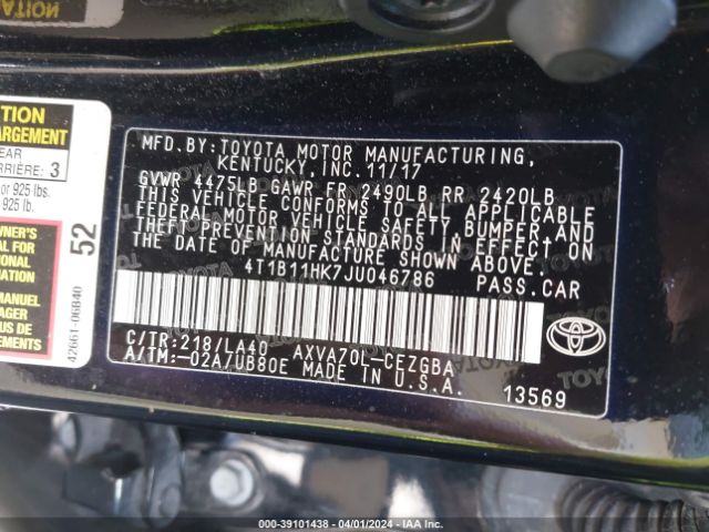 4T1B11HK7JU046786 Toyota CAMRY XLE