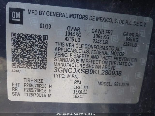 3GNCJKSB9KL280938 Chevrolet TRAX LS