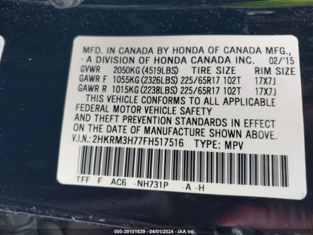 2HKRM3H77FH517516 Honda Cr-v Ex-l