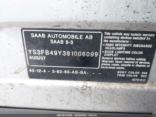 2008 SAAB 9-3 YS3FB49Y381006099 Photo 8