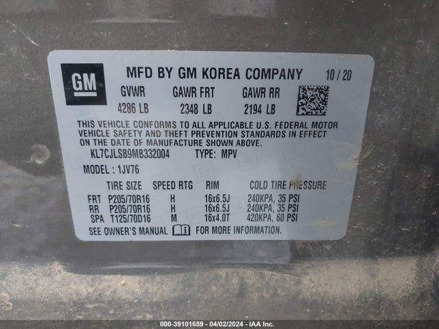 Chevrolet Trax Fwd Lt 2021 KL7CJLSB9MB332004 Image 9