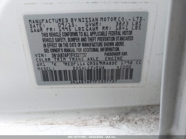 Nissan SENTRA S 2015 3N1AB7AP7FY337737 Image 9
