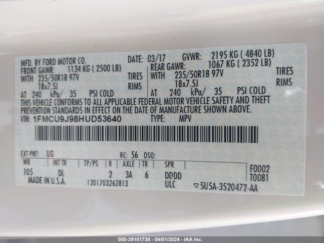 Ford Escape Titanium 2017 1FMCU9J98HUD53640 Image 9
