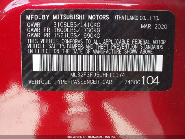 ML32F3FJ5LHF11174 Mitsubishi Mirage G4 Es