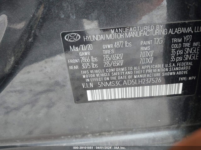 Hyundai Santa Fe Sel 2020 5NMS3CAD5LH237526 Image 9