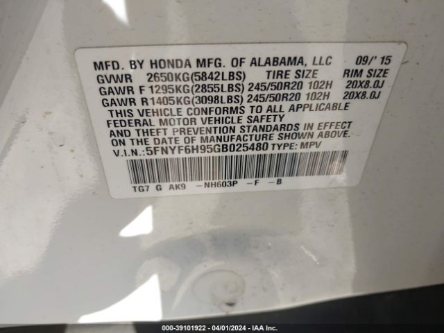 5FNYF6H95GB025480 Honda Pilot Touring