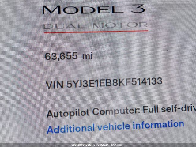 5YJ3E1EB8KF514133 Tesla Model 3 Long Range/performance