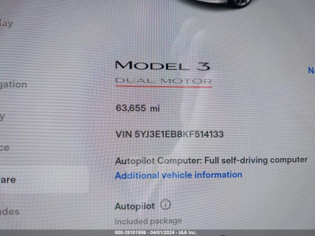 5YJ3E1EB8KF514133 Tesla Model 3 Long Range/performance