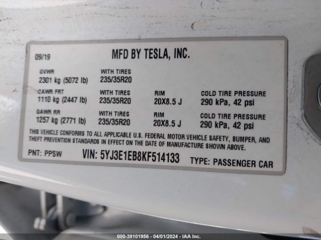 5YJ3E1EB8KF514133 Tesla Model 3 Long Range/performance