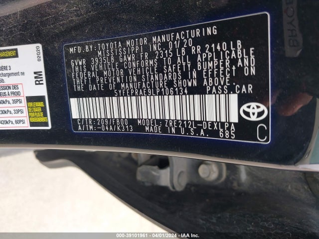 Toyota COROLLA LE 2020 5YFEPRAE9LP106134 Image 9