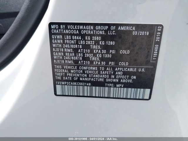 1V2WP2CA9KC552148 Volkswagen Atlas 2.0t Se W/technology