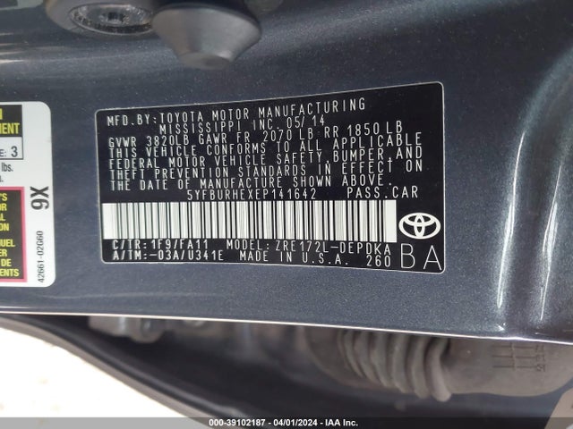Toyota COROLLA L 2014 5YFBURHEXEP141642 Image 9