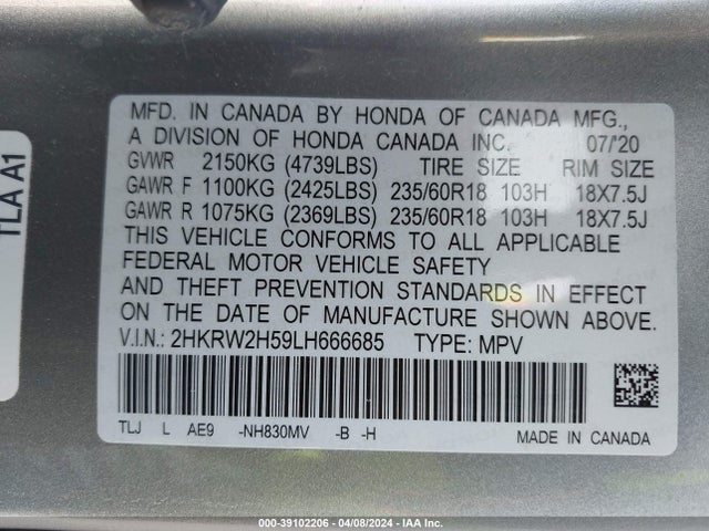 Honda Cr-v Awd Ex 2020 2HKRW2H59LH666685 Image 9