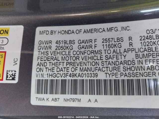 1HGCV3F49KA010339 Honda Accord Hybrid Ex