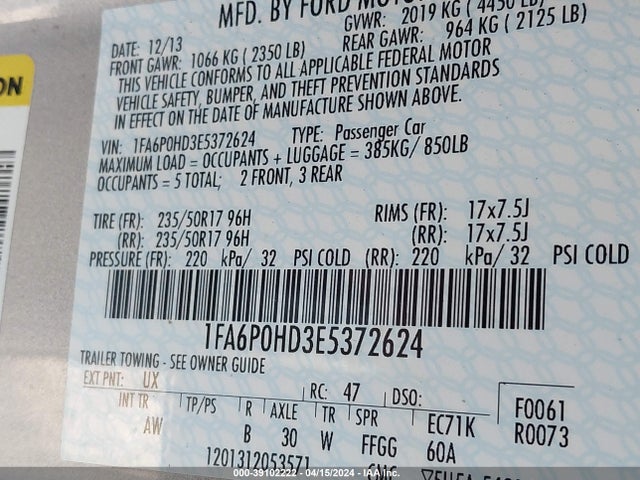 Ford FUSION SE 2014 1FA6P0HD3E5372624 Image 9