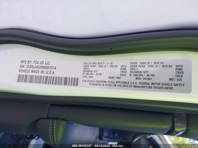1C4RJJAG8N8567314 Jeep Grand Cherokee L Altitude 4x2
