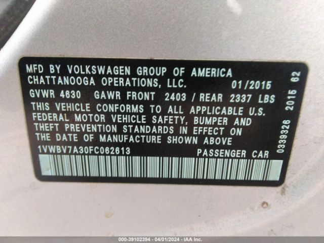 1VWBV7A30FC062613 Volkswagen Passat 2.0l Tdi Se