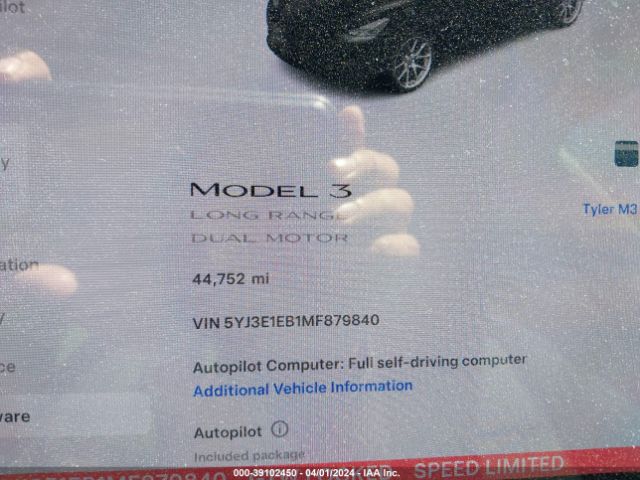 5YJ3E1EB1MF879840 Tesla Model 3 Long Range Dual Motor All-wheel Drive