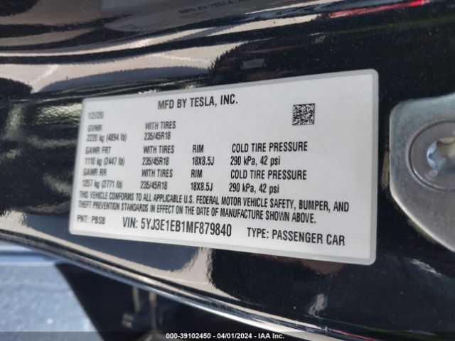 5YJ3E1EB1MF879840 Tesla Model 3 Long Range Dual Motor All-wheel Drive