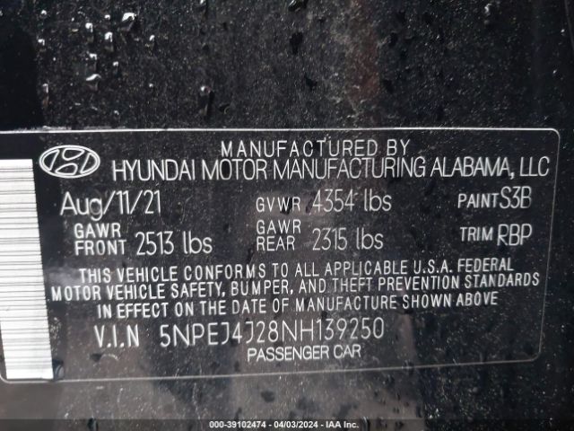 5NPEJ4J28NH139250 Hyundai Sonata Sel Plus