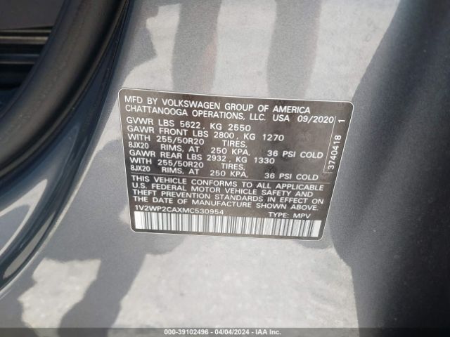 1V2WP2CAXMC530954 Volkswagen Atlas 2.0t Se W/technology