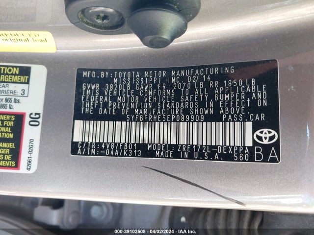 Toyota Corolla Le Eco Plus 2014 5YFBPRHE5EP089909 Image 9