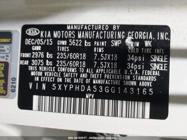KIA Sorento 3.3l Ex 2016 5XYPHDA53GG143165 Image 9
