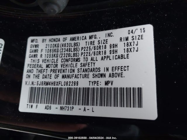Honda Cr-v Touring 2015 5J6RM4H9XFL062299 Image 9