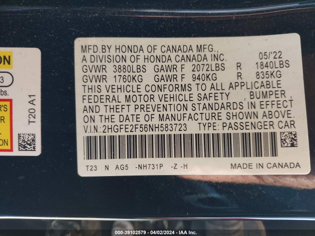Honda Civic Sport 2022 2HGFE2F56NH583723 Image 9