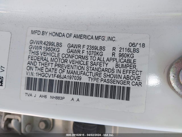 Honda ACCORD EX 2018 1HGCV1F46JA197039 Image 9