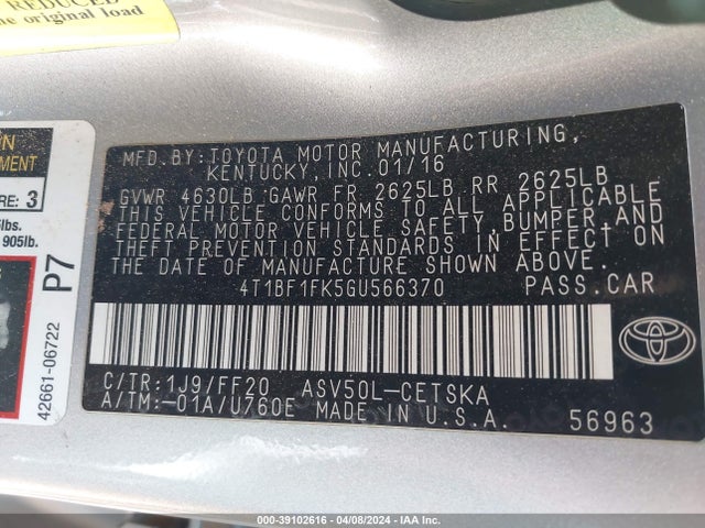 Toyota CAMRY SE 2016 4T1BF1FK5GU566370 Image 9