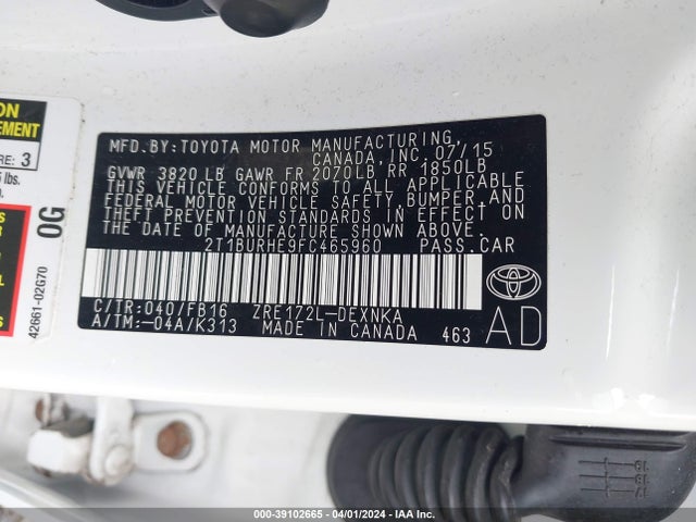 Toyota COROLLA LE 2015 2T1BURHE9FC465960 Image 9