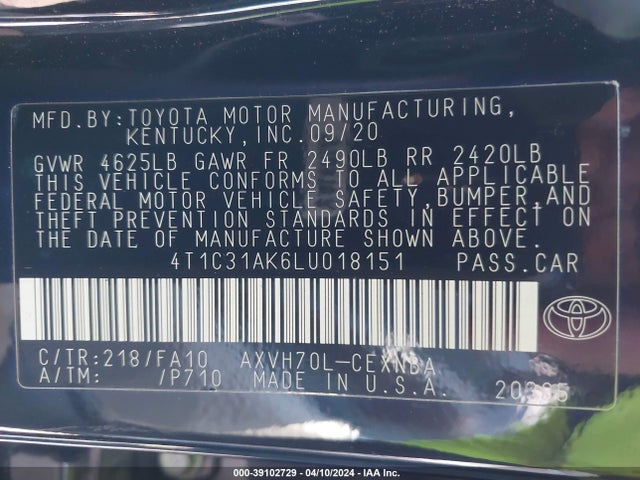 Toyota Camry Le Hybrid 2020 4T1C31AK6LU018151 Image 9