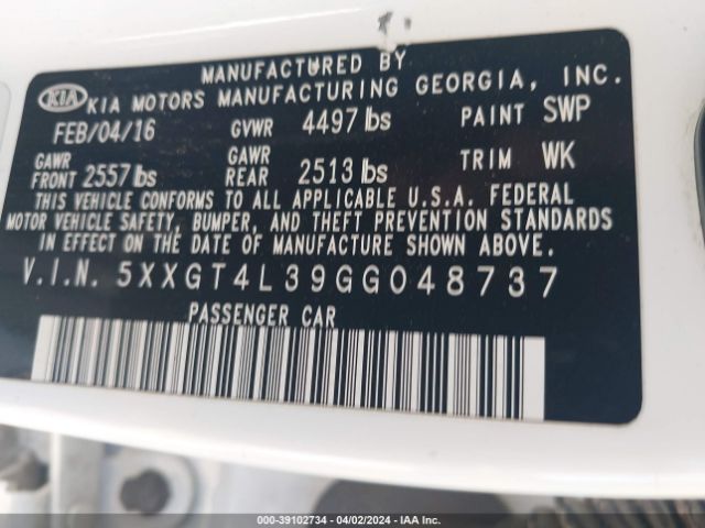 5XXGT4L39GG048737 KIA Optima Lx