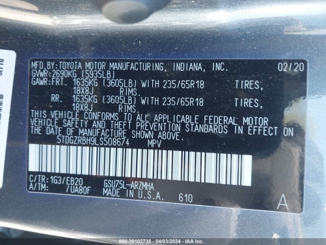 Toyota Highlander Xle 2020 5TDGZRBH9LS508674 Image 9